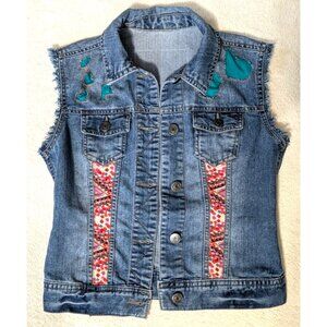 Upcycled Blue Denim Jean Vest Sz S Applique Hearts Patches Hippie Boho Festival